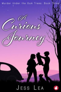 A book cover for "A Curious Journey" by Jess Lea featuring two silhouetted figures, one holding up a map or large document. They are standing next to a classic car and next to a small dog, also in silhouette, against a vibrant purple and pink sunset or twilight sky with faint stars. A large, gnarled tree silhouette frames the right side of the cover. The title "A Curious Journey" is in large white script in the center, and the series title is in smaller white text at the top. The author's name, Jess Lea, is in white text at the bottom.