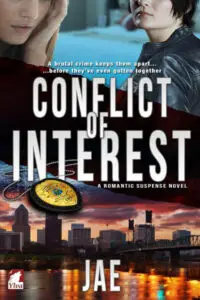 A suspenseful book cover for "Conflict of Interest: A Romantic Suspense Novel" by Jae. The top half shows the faces of two women, one with fair skin and light hair, the other with darker hair and a leather jacket, suggesting a close relationship. Below them, a tagline reads, "A brutal crime keeps them apart... before they've even gotten together." The title "CONFLICT OF INTEREST" is prominently displayed in bold white letters, with a gold police badge and chain in front of it. The bottom half features a nighttime cityscape with a river, city lights reflecting on the water, and a bridge in the background, implying an urban setting for the crime. A red Ylva publishing logo is in the bottom left corner, and the author's name, "JAE," is in large white letters at the bottom center.