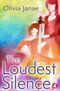 An illustrated book cover for "The Loudest Silence" by Olivia Janae featuring two abstract, faceless women, one sitting, one standing with her hands on the shoulders of the sitting woman. The sitting woman is playing a cello. The women and the background is done in bright, multicolored wash style, with blue, green, and purple washes. The title "The Loudest Silence" is in large, bold purple text with a white glow, and the author's name, Olivia Janae, is in a plain purple text at the top.