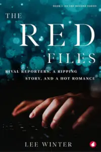 Book cover for "The Red Files: Book 1: On the Record Series" by Lee Winter. The dominant feature is a pair of hands typing on a dark keyboard, illuminated from above. The cover's background is a dark teal with numerous blurred, glowing bubble-like shapes, creating a bokeh effect that implies digital lights or an abstract, mysterious atmosphere. The title "THE RED FILES" is in large white serif font, with a tagline below it that reads: "RIVAL REPORTERS, A RIPPING STORY, AND A HOT ROMANCE." The author's name, Lee Winter, is in white text at the bottom.